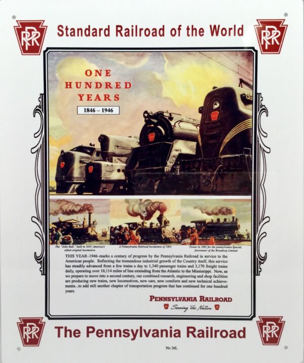 Pennsylvania Railroad 100th Anniversary 1846-1946 sign. MrTrain.com