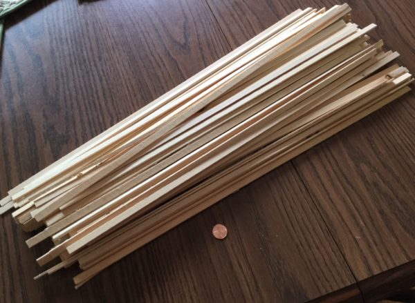 Miniature craft supplies, wood strips and sticks available in several sizes.