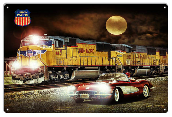 12 x 18 Union Pacific Railroad and Corvette Sports Car in the moonlight