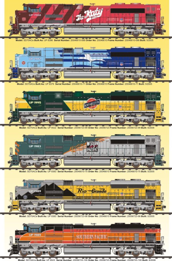 UNION PACIFIC Heritage Diesel Trains TIN SIGN / Daniel Edwards Collection features:  Katy, Missouri Pacific,Chicago Northwestern,Western Pacific, Rio Grande, Southern Pacific. 