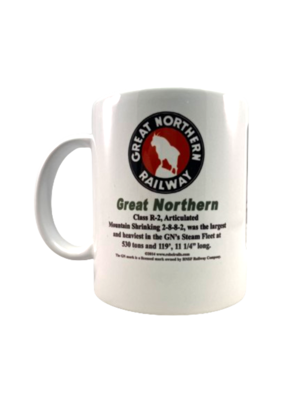 Back view: Great Northern Coffee Mug R2 Green Steam Locomotive. Made in the USA. MrTrain.com.