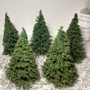 This pack of realistic miniature pine trees consists of five - 3 inch tall, flocked trees that are made in the USA at MrTrain.com.