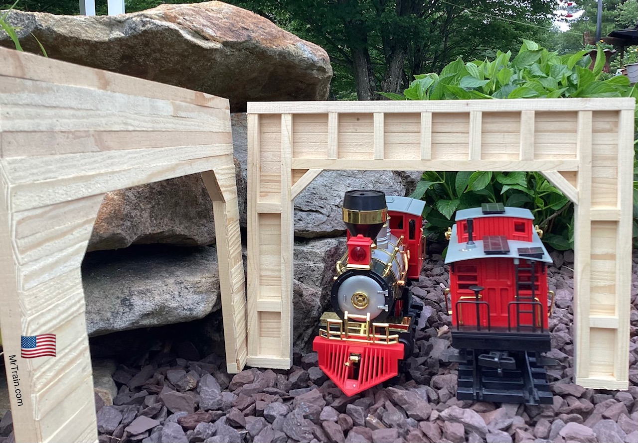 G Scale double track timber framed tunnel portals model railroad scenery.